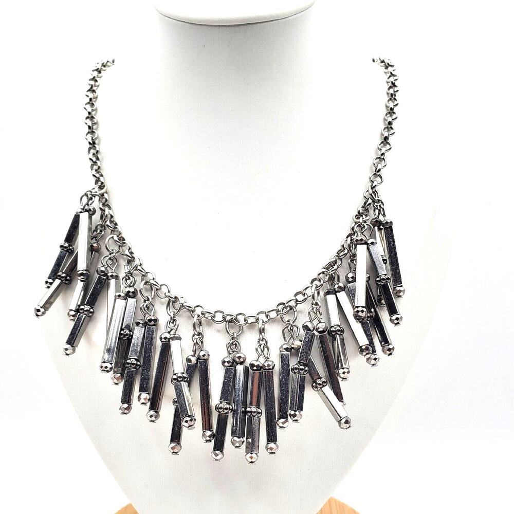 Charming Charlie Necklace Silver Tone Statement Fringe Collar Bib Metallic Chain